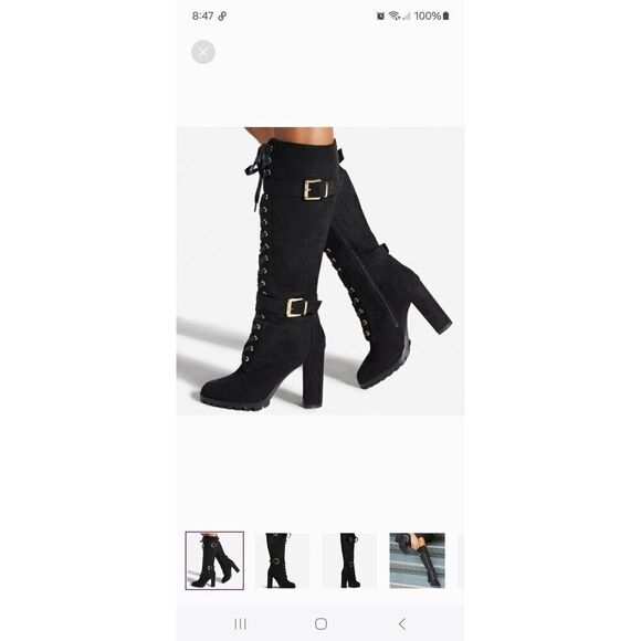 New 9.5E Extra Wide Shoe Dazzle Black Rangi Lace Up Chunky High Heel Boots - Picture 1 of 11